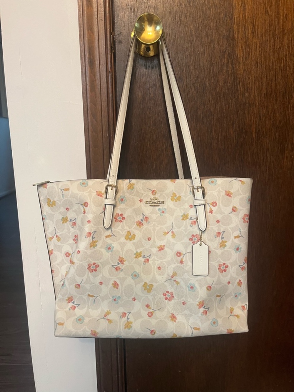Coach Cream Floral Leather Tote with Multicolor Accents
